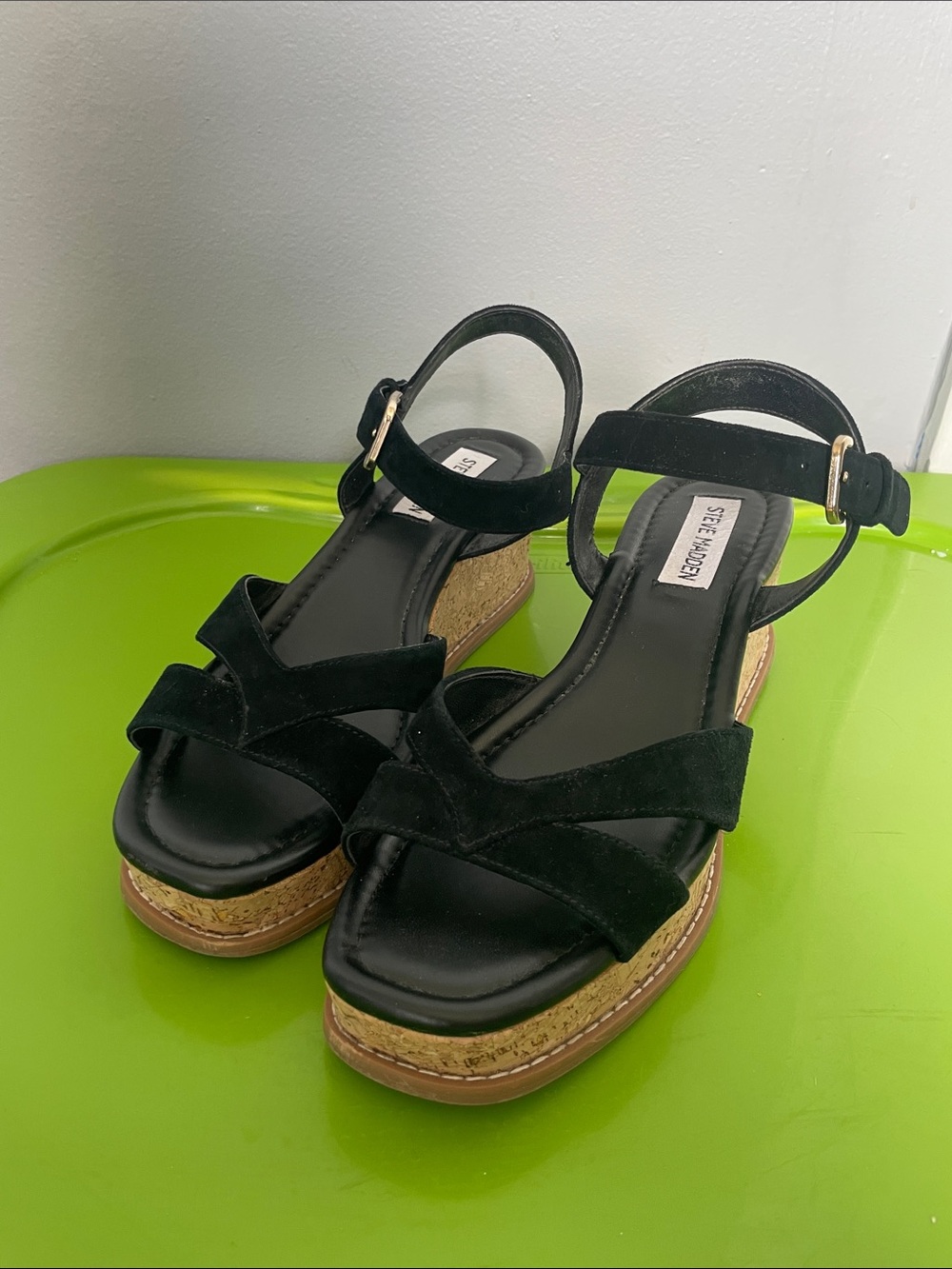 Steve Madden 7.5 Robbin Suede Straps Cork Wedge Open Toe Sandals Summer Resort - Picture 1 of 8